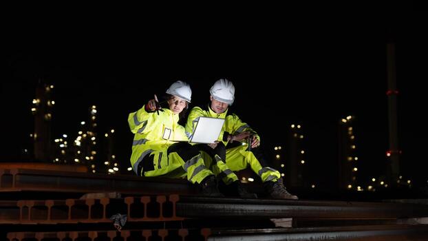 Engineers Working Night Shift Reviewing Data at Industrial Site, Factory Workers Analyzing Project Details at Rail Yard, Team of Professionals Using Laptop for Night Inspection and Planning photo