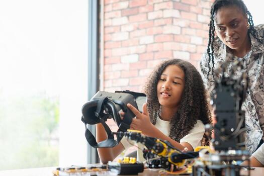 profesor y estudiante explorador virtual realidad en un vástago clase, joven niña participación vr auriculares mientras aprendizaje robótica y tecnología, futuro de aprendizaje inmersivo tecnología en educación foto