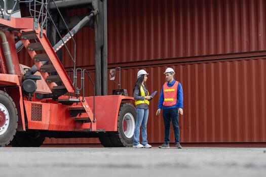 Warehouse workers discussing logistics in a shipping yard, Engineer team talking at a container yard, Male and female engineers working at a cargo container yard photo