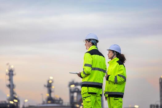 Manufacturing Engineers Using Digital Tablet to Review Night Shift Plan, Industrial Team Collaboration with Technology at Twilight Site, Site Managers Discussing Factory Blueprints at Sunset photo