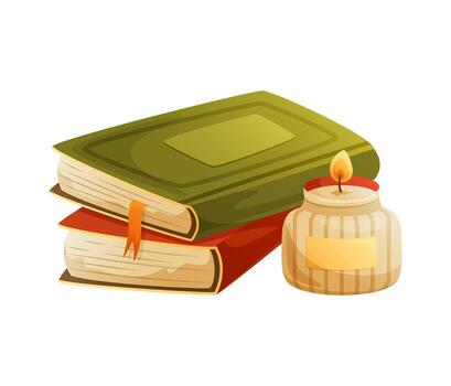 acogedor otoño composición. un apilar de libros y un vela. elementos de hogar decoración. ilustración en un blanco antecedentes. apilar de libros. vector