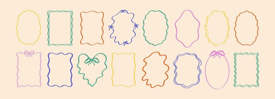 Wavy whimsical frames doodles. Minimal line sketch hand drawn frames border template. vector