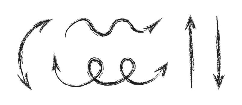 Hand drawn squiggly charcoal arrows set. Crayon scribble lines, swirls arrows, scrawls. Doodle black marker or chalk drawing. Direction pointers. Perfect for infographics, presentations vector