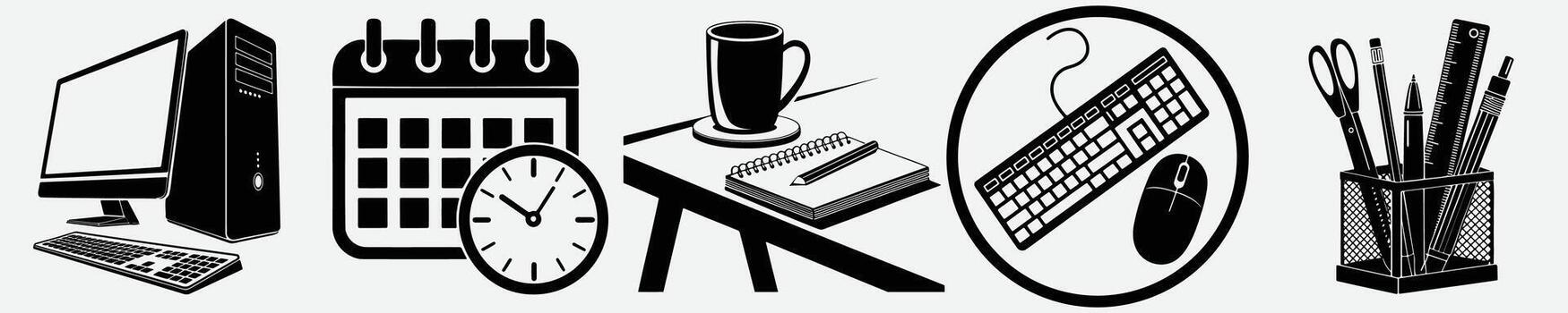 Workplace icons featuring computer calendar clock coffee keyboard brushes vector