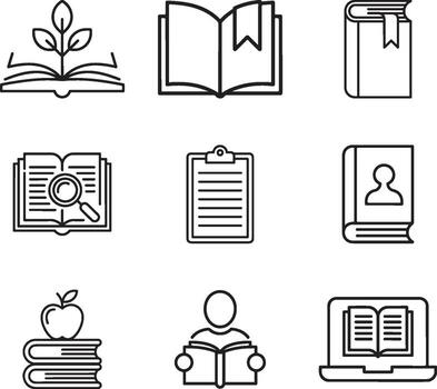 educación y leyendo Delgado línea íconos conjunto - libro, investigación, biblioteca, aprendizaje electrónico, y estudiar contorno colección vector