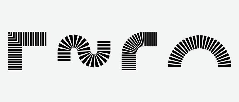 Four black and white shapes resembling barcodes. corner, curve angle, S-curve, and arcs. vector