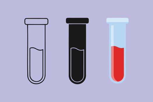 Test tubes with blood sample icon set, Line art, Flat Silhouette and Flat Color, Three Different version Illustration. vector