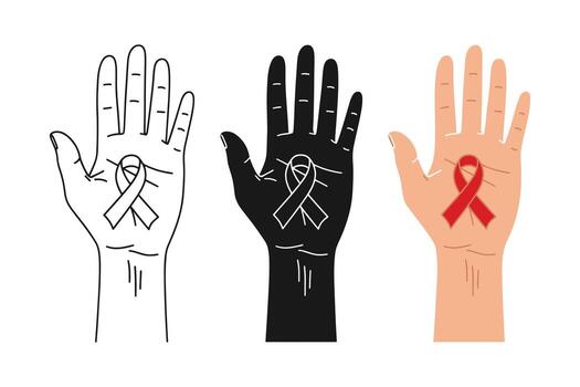 Hand with HIV AIDS ribbon icon set, Line art, Flat Silhouette and Flat Color, Three Different version Illustration. vector
