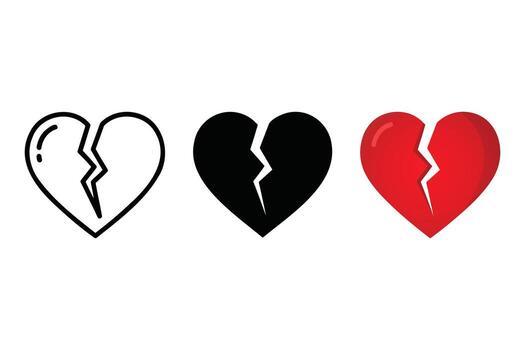 Broken heart icon set, Line art, Flat Silhouette and Flat Color, Three Different version Illustration. vector