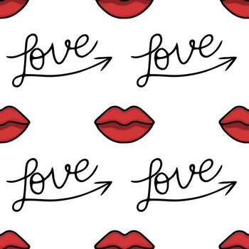 Seamless pattern featuring stylized red lips and the word love in a flowing script with arrow accents, perfect for Valentine Day and romantic themes. vector