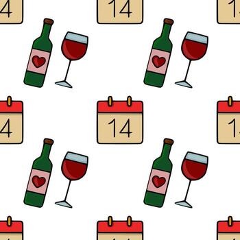 Seamless pattern featuring wine bottles with heart labels and glasses, alongside calendars marked with the number 14, evoking a romantic Valentine Day theme. vector