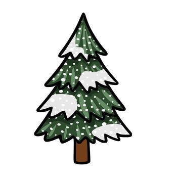 Charming illustration of a snow-covered pine tree with white dots, featuring a stylized, cartoonish design and a clean outline. vector