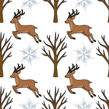 sin costura modelo presentando saltando ciervo, desnudo invierno árboles, y delicado copos de nieve en un blanco antecedentes. vector