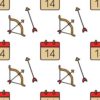 Seamless pattern featuring Cupid bow and arrow with calendar icons marking the 14th, perfect for Valentine Day themes. vector