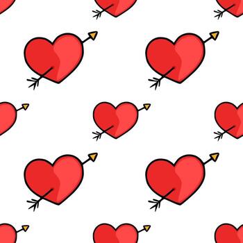 Seamless pattern of red hearts pierced by Cupid arrows, with a simple cartoon style and bold outlines. vector