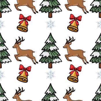 sin costura modelo de festivo Navidad elementos incluso saltando reno, cubierto de nieve abeto árboles, dorado campanas con rojo arcos, y delicado copos de nieve en un blanco antecedentes. vector