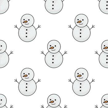 Charming pattern of smiling snowmen with carrot noses and button details, perfect for festive winter themes and seamless backgrounds. vector