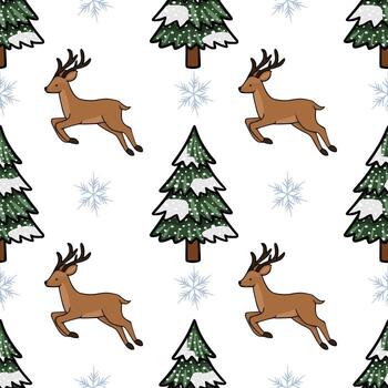 encantador sin costura modelo presentando saltando ciervo y cubierto de nieve pino arboles con delicado copos de nieve, evocando un caprichoso invierno bosque escena. vector