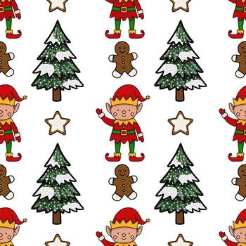 encantador Navidad modelo presentando alegre elfos, cubierto de nieve abeto árboles, pan de jengibre galletas, y en forma de estrella galletas en un blanco antecedentes. vector