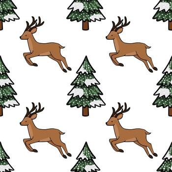 sin costura modelo presentando saltando reno en medio de cubierto de nieve pino árboles, prestados en un encantador, dibujado a mano estilo con negrita contornos y plano colores. vector