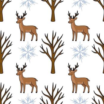 sin costura modelo presentando ciervo, desnudo árboles, y copos de nieve en un blanco fondo, evocando un encantador invierno bosque escena. vector