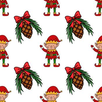 caprichoso Navidad duende y pino cono modelo con rojo arcos vector