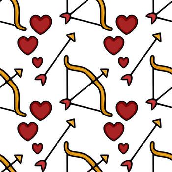 Seamless pattern featuring cupid bow and arrow alongside various sizes of deep red hearts on a clean white background, perfect for Valentine Day themes. vector
