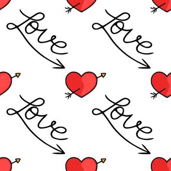 Seamless pattern featuring hand-drawn red hearts pierced by Cupid arrows and the word Love in a flowing script, perfect for Valentine Day themes. vector