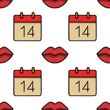 Seamless pattern featuring red lips and calendars marked with the number 14, perfect for Valentine Day themes. vector