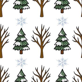 Seamless pattern featuring evergreen trees dusted with snow and bare branches interspersed with delicate snowflakes, set against a clean white background. vector