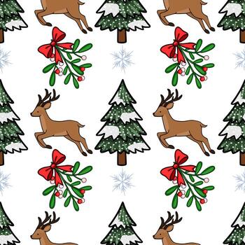 sin costura modelo presentando juguetón reno, cubierto de nieve Navidad árboles, y festivo muérdago con rojo arcos, conjunto en contra un limpiar blanco antecedentes. vector