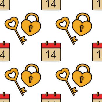 Seamless pattern of heart-shaped locks and keys with calendar icons marking the 14th, celebrating Valentine Day with a warm, golden and red color palette. vector