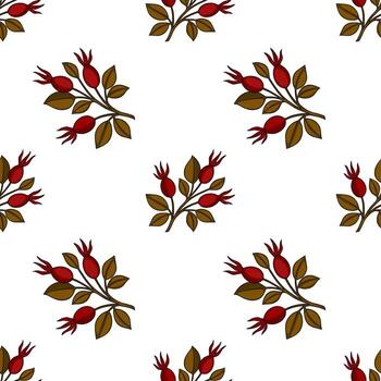 Seamless pattern of stylized rosehip branches with red berries and brown leaves on a white background, evoking a rustic autumn feel. vector