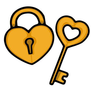 un encantador ilustración de un dorado en forma de corazon candado y sus pareo llave, conjunto en contra un limpiar blanco fondo, simbolizando amor y acceso. vector