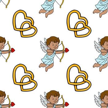 Charming pattern featuring a playful cupid with bow and arrow, and intertwined golden hearts, perfect for Valentine Day and romantic themes. vector