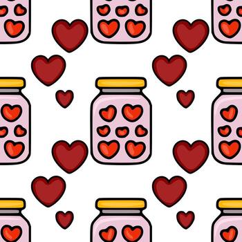 Seamless pattern featuring charming jars filled with red hearts and scattered heart shapes, perfect for Valentine Day themes. vector