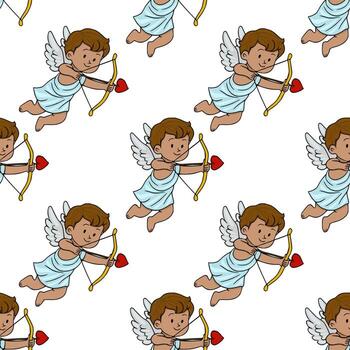Charming pattern featuring playful cupids with bows and heart arrows, set against a clean white background, evoking a whimsical and romantic Valentine Day theme. vector