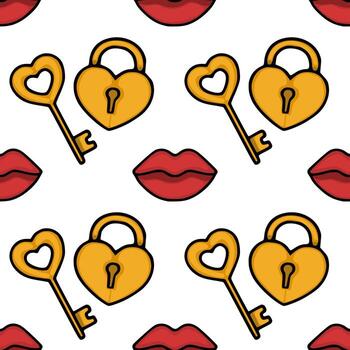 Seamless pattern featuring golden heart-shaped locks with keys and red lips, symbolizing love and affection. vector