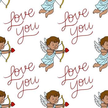 Whimsical seamless pattern featuring a cheerful cupid aiming his bow with a heart-shaped arrow, surrounded by flowing love you script on a clean white background. vector