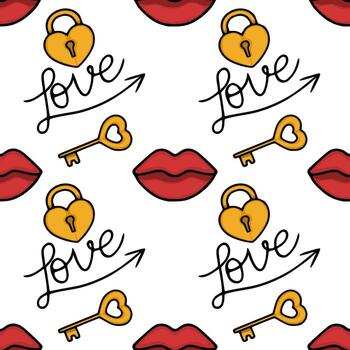 Seamless pattern featuring stylized heart-shaped locks, keys, and red lips, with the word love flowing across the design. vector