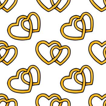 Seamless pattern of intertwined golden heart outlines with a subtle gradient and black border, perfect for romantic backgrounds. vector