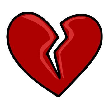 estilizado ilustración de un brillante rojo, roto corazón con un afilado, angular grieta abajo el centro, resumido en negrita negro, sugerencia emocional angustia o un relación finalizando. vector