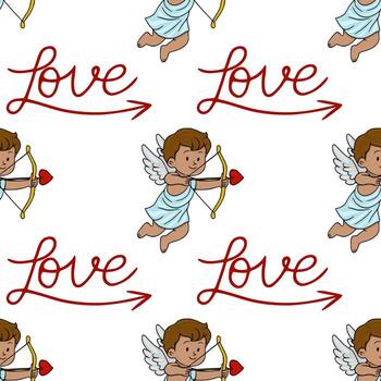 Charming seamless pattern featuring playful cupids with bows and arrows, alongside flowing love script and directional arrows, perfect for Valentine Day and romantic themes. vector