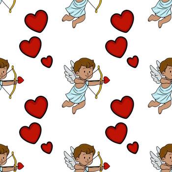 A charming pattern featuring a playful cupid with a bow and arrow amidst a scattering of vibrant red hearts, perfect for Valentine Day themed backgrounds and designs. vector