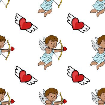 A charming seamless pattern featuring playful cupids with bows and arrows, alongside stylized red hearts with wings, set against a clean white background, perfect for romantic or festive des... vector