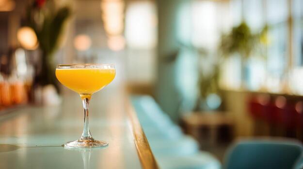 Brightly colored cocktail glass on bar counter, blurred background, inviting and vibrant mood photo