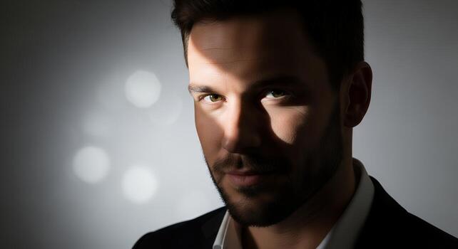 A professional studio portrait of a handsome man with a confident expression, illuminated using a Rembrandt lighting setup that emphasizes his facial features and strong jawline photo