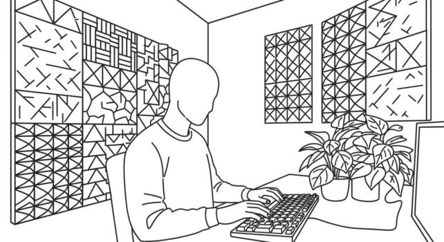 Line art illustration of a person working on a computer at a desk with decorative acoustic panels on the wall vector