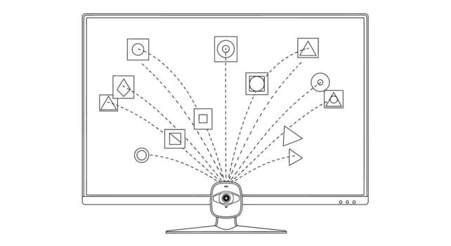Minimalist line illustration of advanced eye-tracking technology analyzing user gaze patterns and digital interactions on a screen vector
