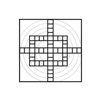 Monochrome schematic symbol featuring a symmetrical grid pattern and circular lines, an abstract icon for technology or precision vector